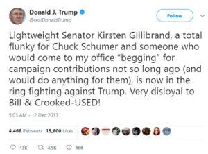 Donald Trump tweets that Senator Gildabrand will fk him for money