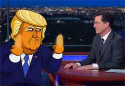 Natural cheesehead Donald Trump gives Stephen Colbert the finger