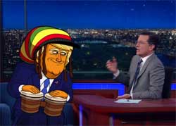 Rastafarian Trump plays bongos to get the Bernie Sanders vote, Stephen Colbert