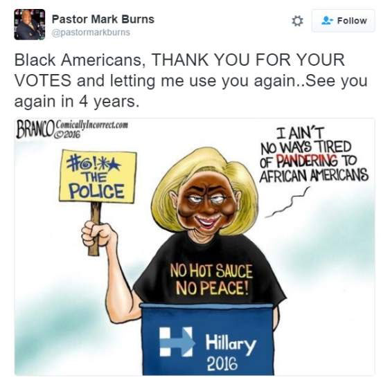 Pastor Mark Burns Facebooks Hillary Clinton in black face to bring African Americans to Trump