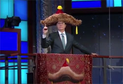 Stephen Colbert Big Furry Hat and Green Bay Packer Cheeseheads