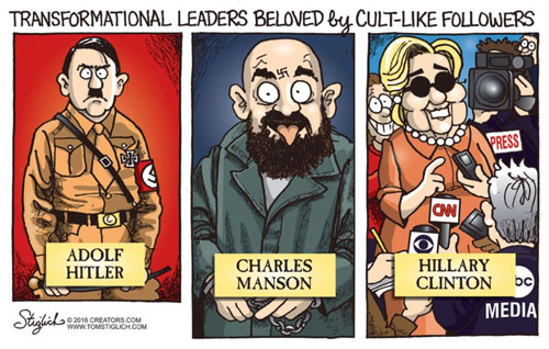 Hillary is Hitler, a NAZI, Charles Manson and a mass murderer, Stiglich Cartoon