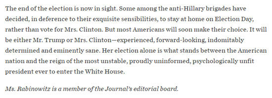Conservative WSJ opinion editor Dorothy Rabinowitz voting for Hillary