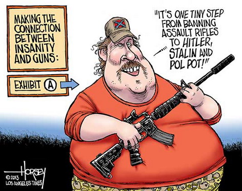 Assault rifle ban cartoon, and story of felon in Maximum Security who thanks the NRA for making it easier for him to get a gun illegally