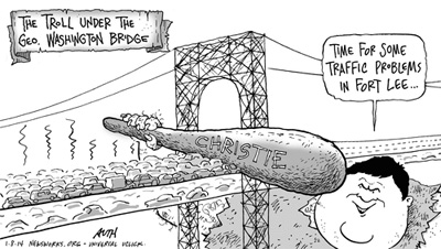 Chris Christie Bully Troll under the bridge. Tony Auth cartoon