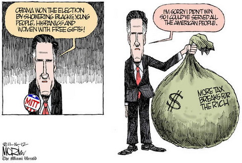Romney explains Obama's 'gifts' to the few, and apologizes for failure to win and serve 'all Americans.'  