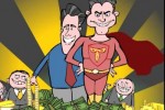 Mark Fiore cartoon: Paul Ryan is Romney's hero: Deficit Hawkman! Cut taxes for rich, eliminate all programs for the rest of us!